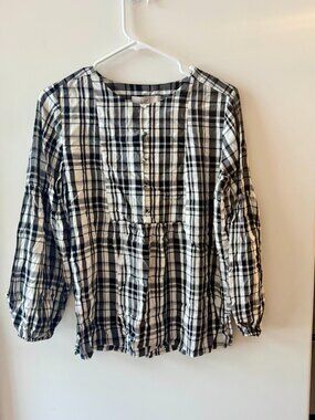 LOFT Black White Plaid Puff Sleeve Babydoll Blouse Small